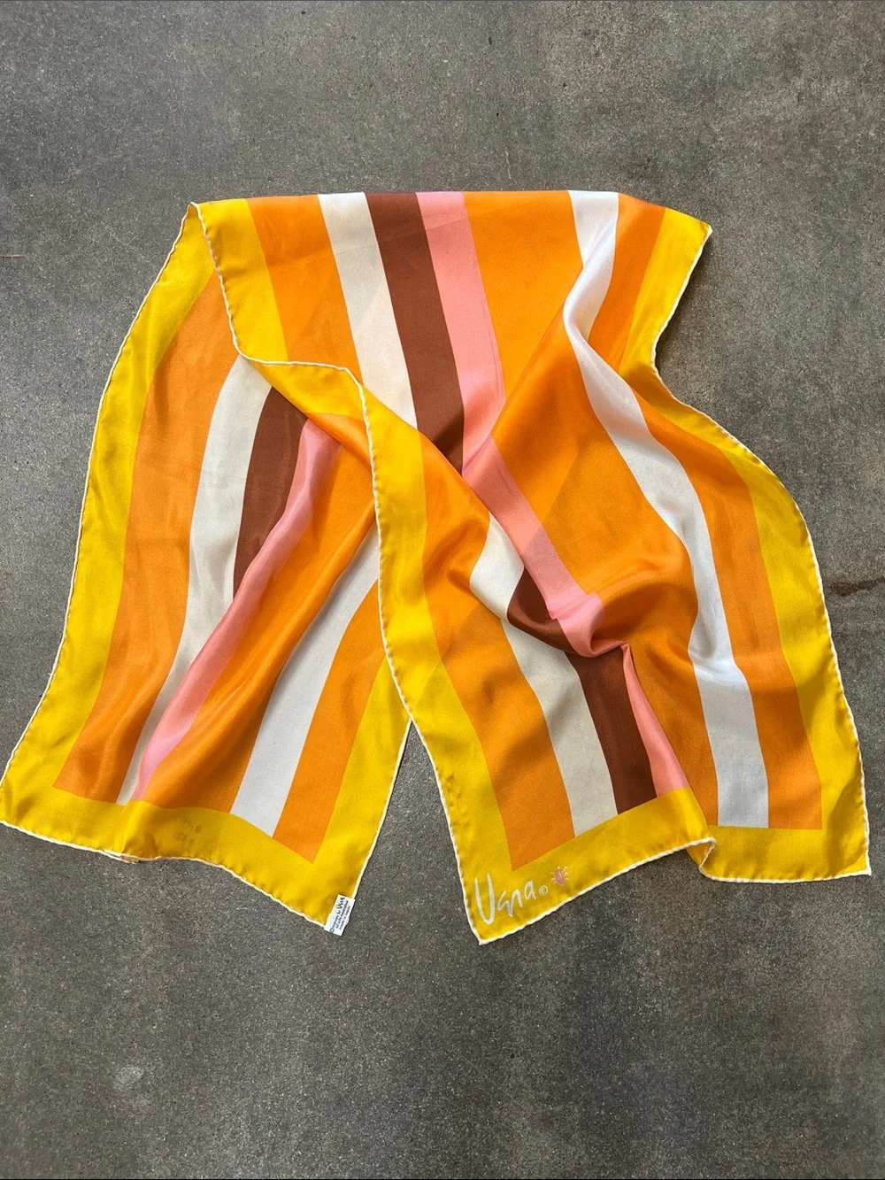 Vintage Vera Neumann silk Oblong Scarf hand rolled mustard orange pink & brown